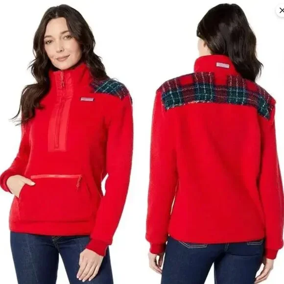 Vineyard Vines | Red Plaid Color-Block Super Shep Half-Zip Teddy Fleece Pullover - Picture 2 of 7